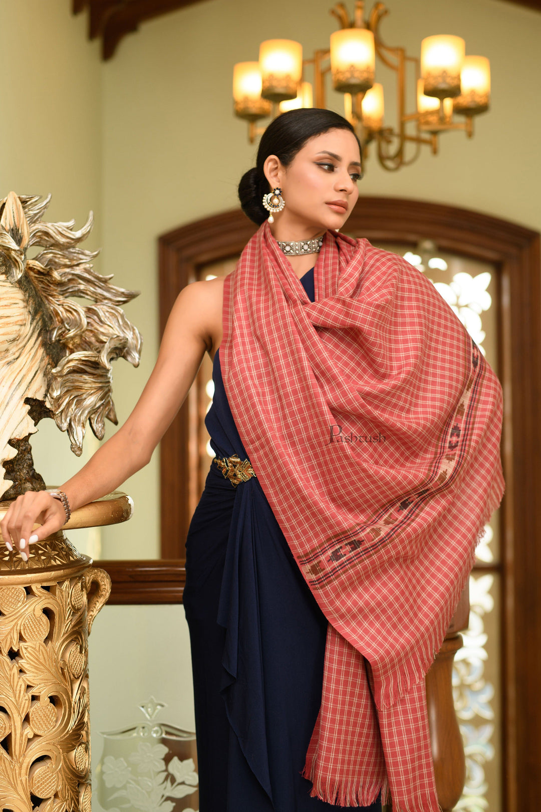 Pashtush India Womens Shawls Pashtush Womens Extra Fine Wool Shawl, Checkered Weave, Aztec Palla Design, Rose