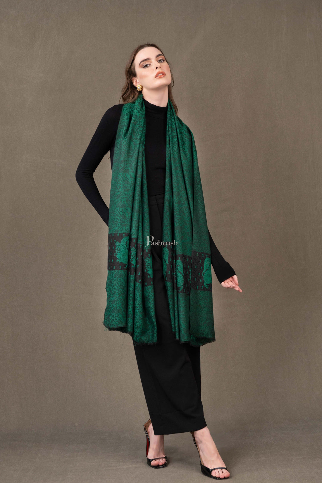 Pashtush India Womens Stoles and Scarves Scarf Pashtush Womens Extra Fine Wool Shawl, Embroidered Palla Design, Black And Green