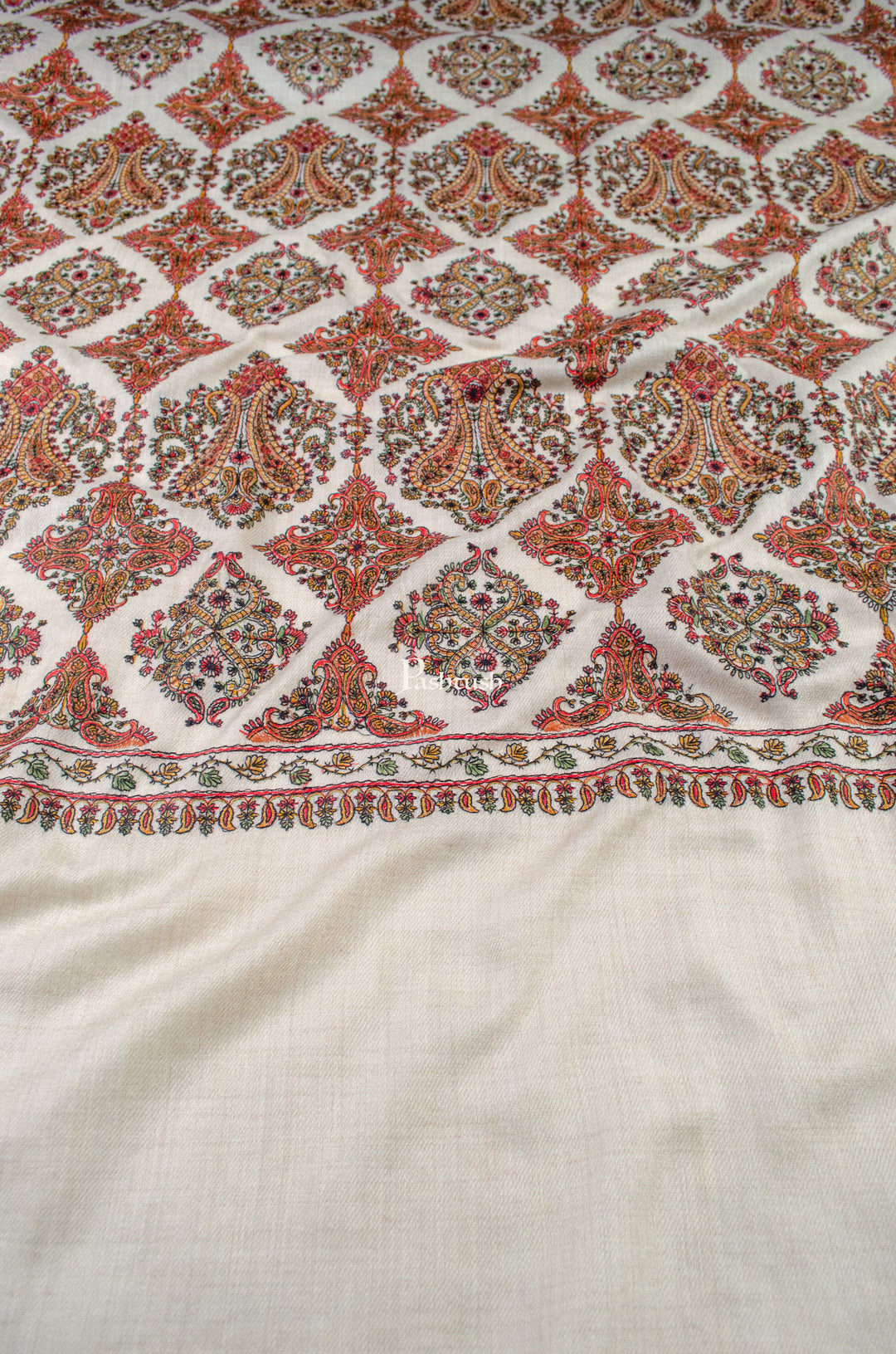 Pashtush India Womens Shawls Pashtush Womens Extra Fine Wool Shawl, Embroidery Kashmiri Jaal Design, Beige