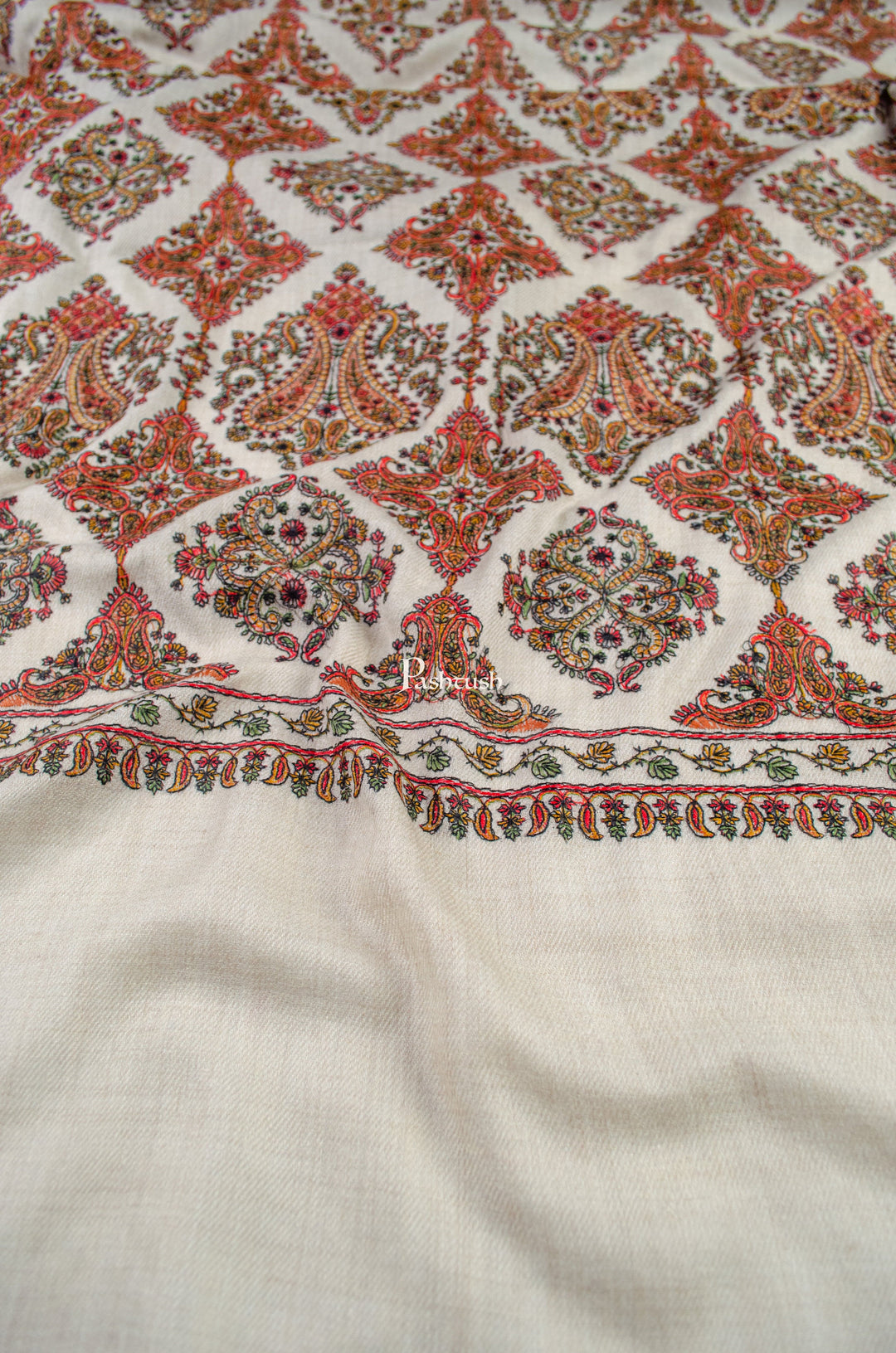 Pashtush India Womens Shawls Pashtush Womens Extra Fine Wool Shawl, Embroidery Kashmiri Jaal Design, Beige