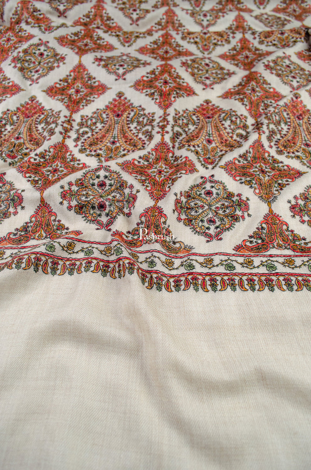 Pashtush India Womens Shawls Pashtush Womens Extra Fine Wool Shawl, Embroidery Kashmiri Jaal Design, Beige