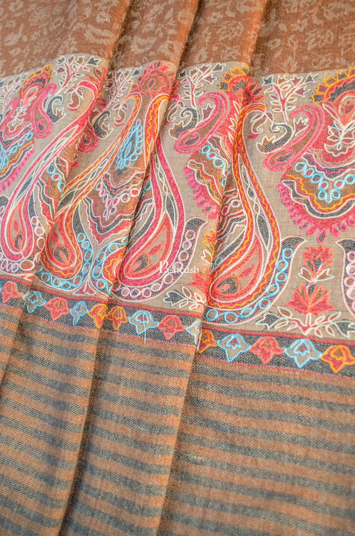 Pashtush India Womens Shawls Pashtush Womens Extra Fine Wool Shawl, Embroidery Palla Design, Brown
