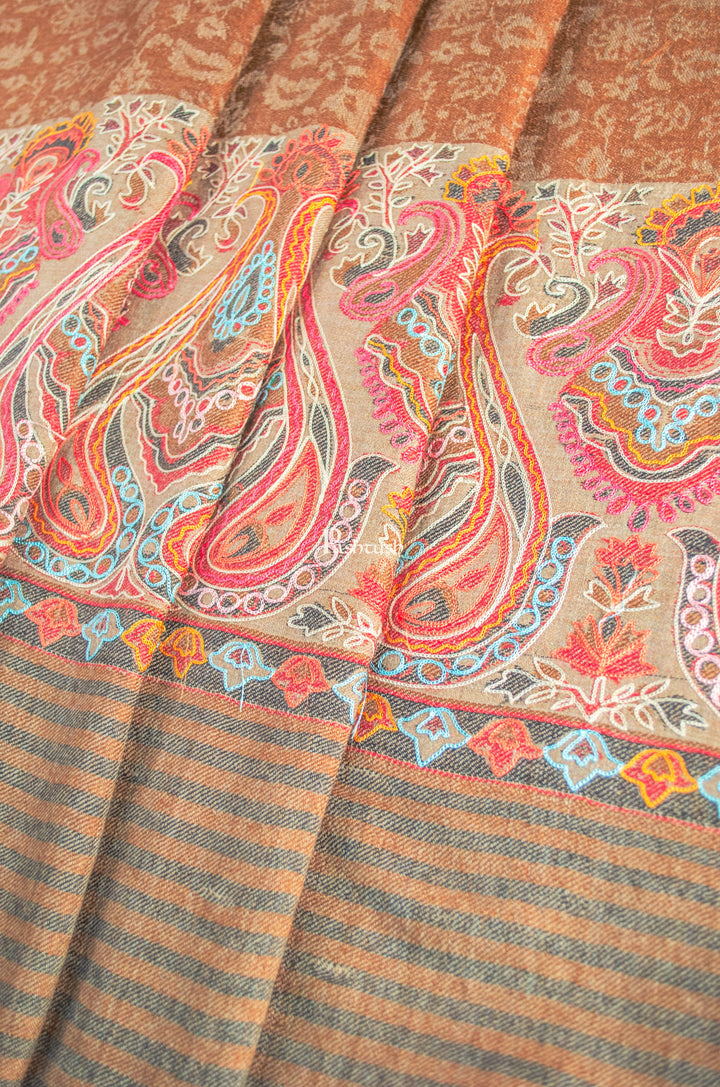 Pashtush India Womens Shawls Pashtush Womens Extra Fine Wool Shawl, Embroidery Palla Design, Brown