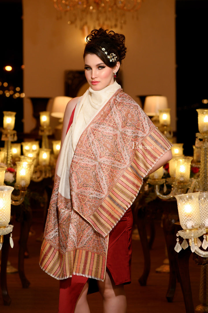 Pashtush India Womens Shawls Pashtush Womens Extra Fine Wool Shawl, Ethnic Palla Design, Ivory