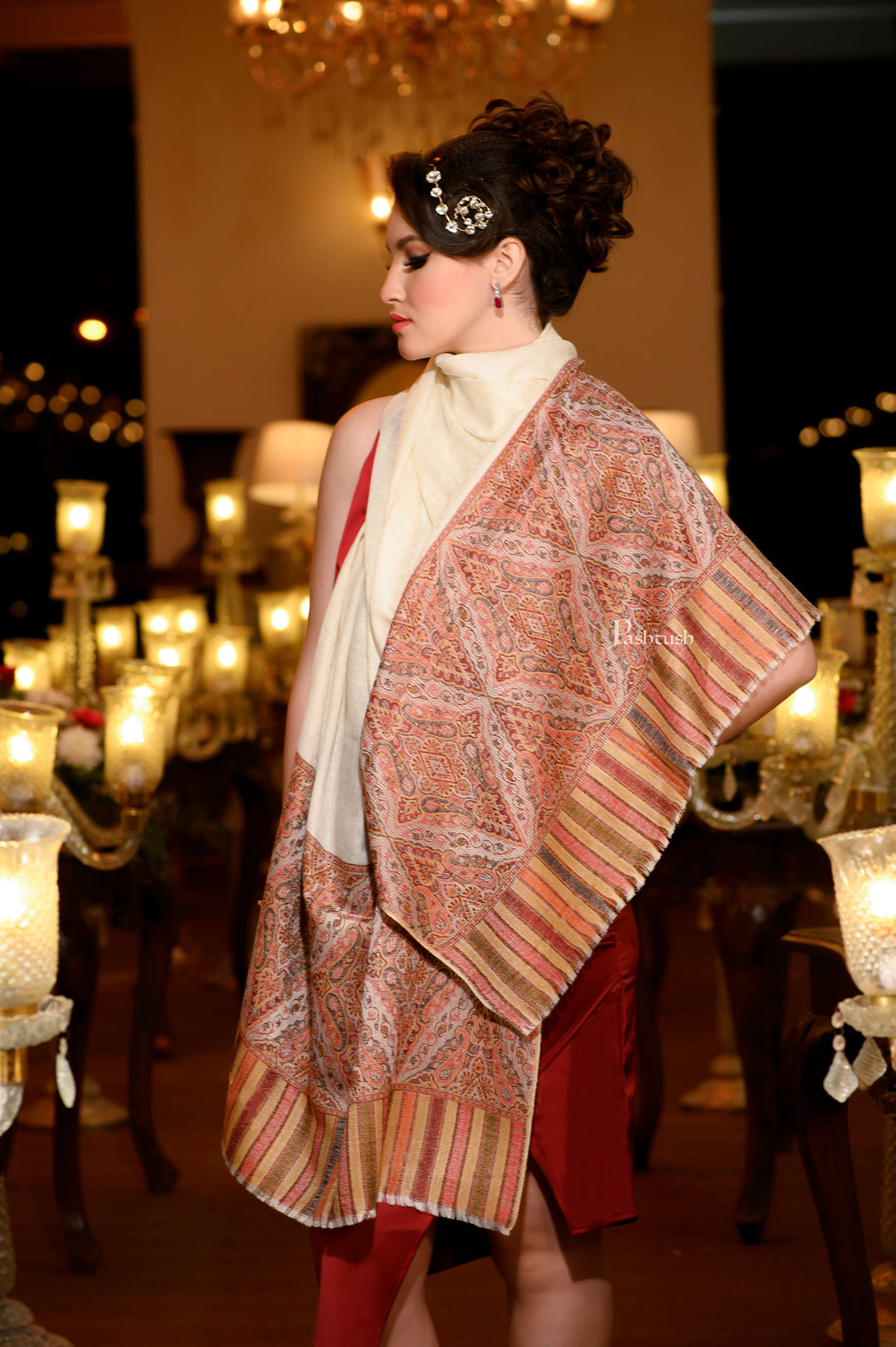 Pashtush India Womens Shawls Pashtush Womens Extra Fine Wool Shawl, Ethnic Palla Design, Ivory