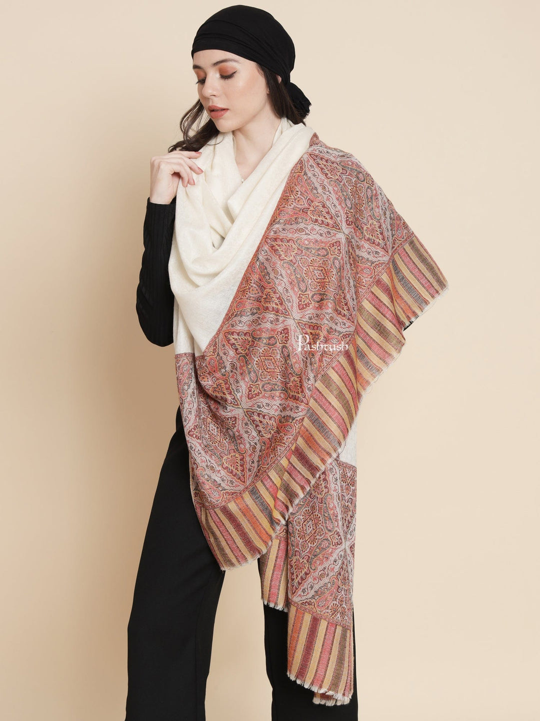Pashtush India Womens Shawls Pashtush Womens Extra Fine Wool Shawl, Ethnic Palla Design, Ivory