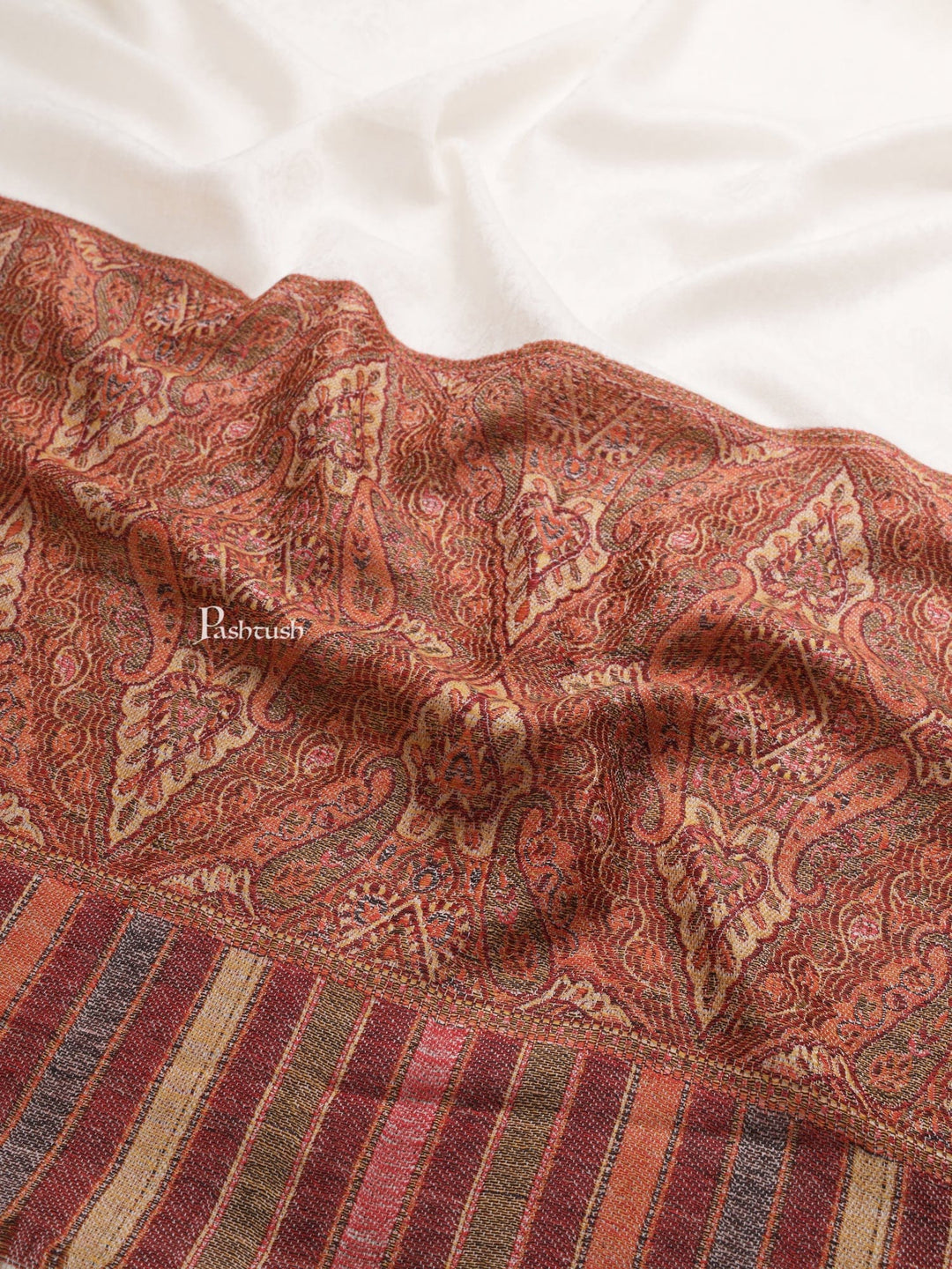 Pashtush India Womens Shawls Pashtush Womens Extra Fine Wool Shawl, Ethnic Palla Design, Ivory