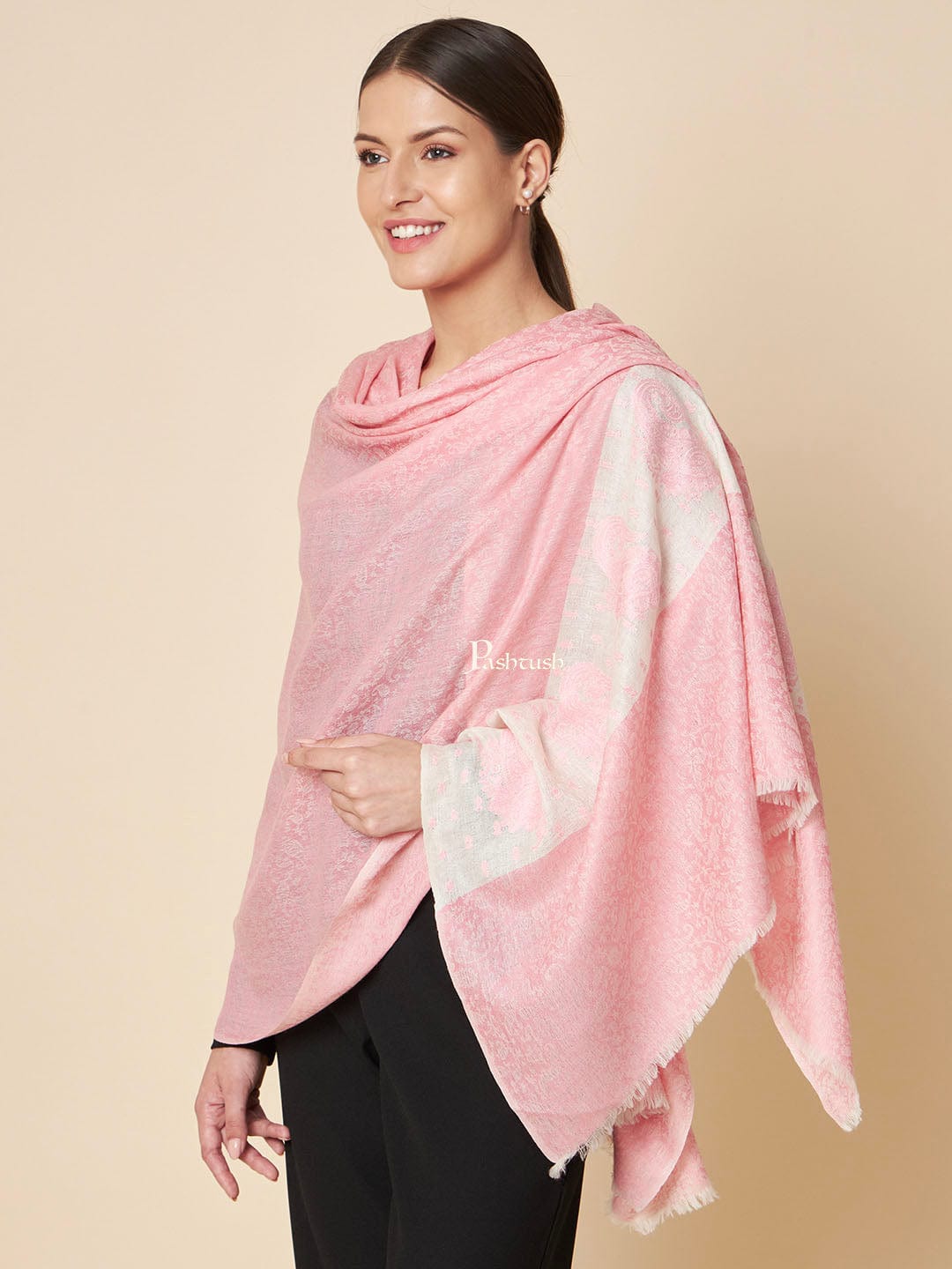 Pashtush India Womens Shawls Pashtush Womens Extra Fine Wool Shawl, Ethnic Palla Design, Pink