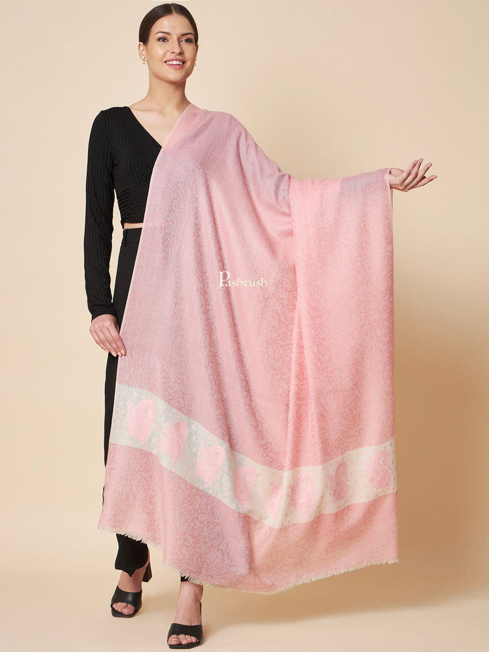 Pashtush India Womens Shawls Pashtush Womens Extra Fine Wool Shawl, Ethnic Palla Design, Pink