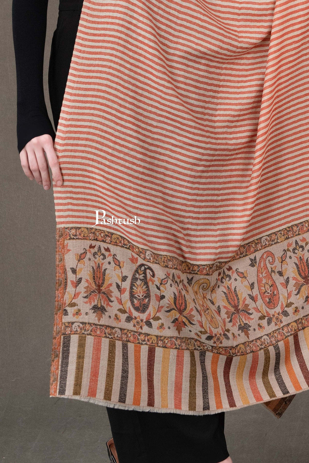 Pashtush India Womens Shawls Pashtush Womens Extra Fine Wool Shawl, Ethnic Palla Woven Design, Rust