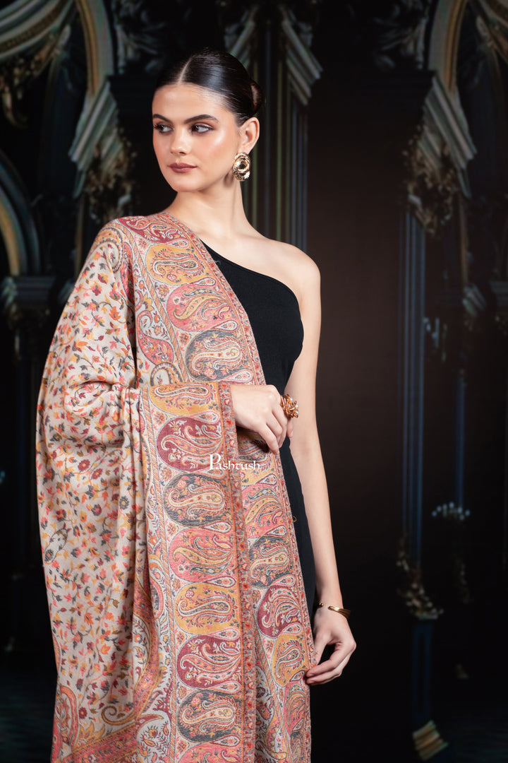 Pashtush India Womens Shawls Pashtush Womens Extra Fine Wool Shawl, Ethnic Weave Design, Natural Beige