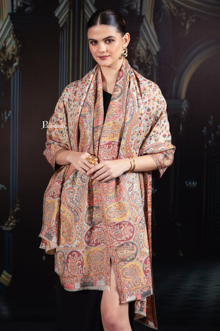 Pashtush India Womens Shawls Pashtush Womens Extra Fine Wool Shawl, Ethnic Weave Design, Natural Beige