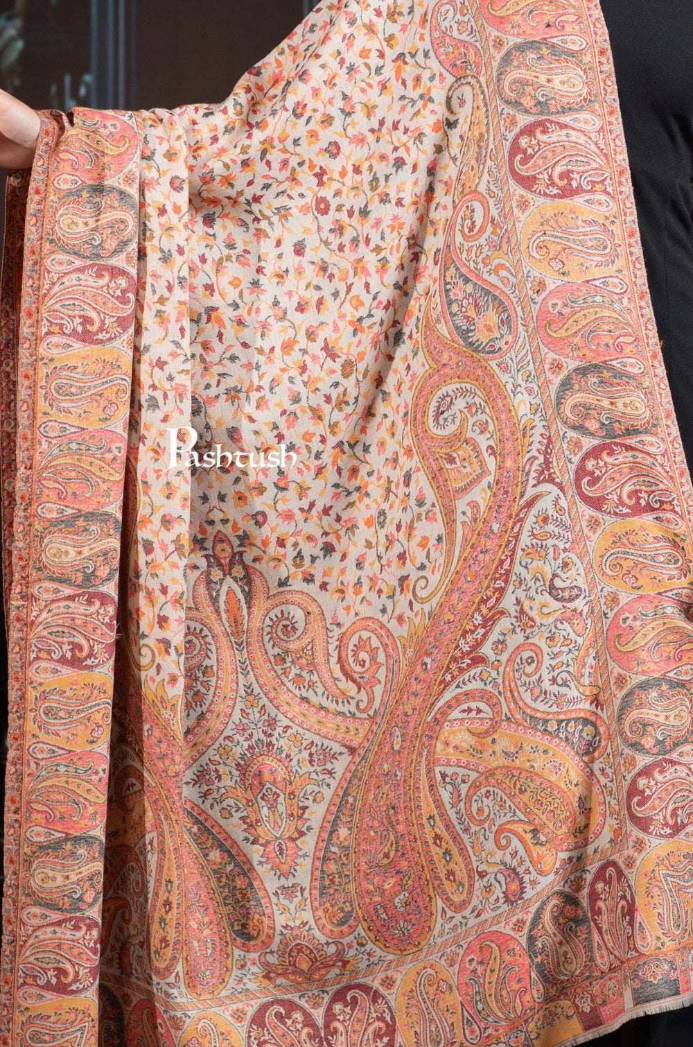 Pashtush India Womens Shawls Pashtush Womens Extra Fine Wool Shawl, Ethnic Weave Design, Natural Beige