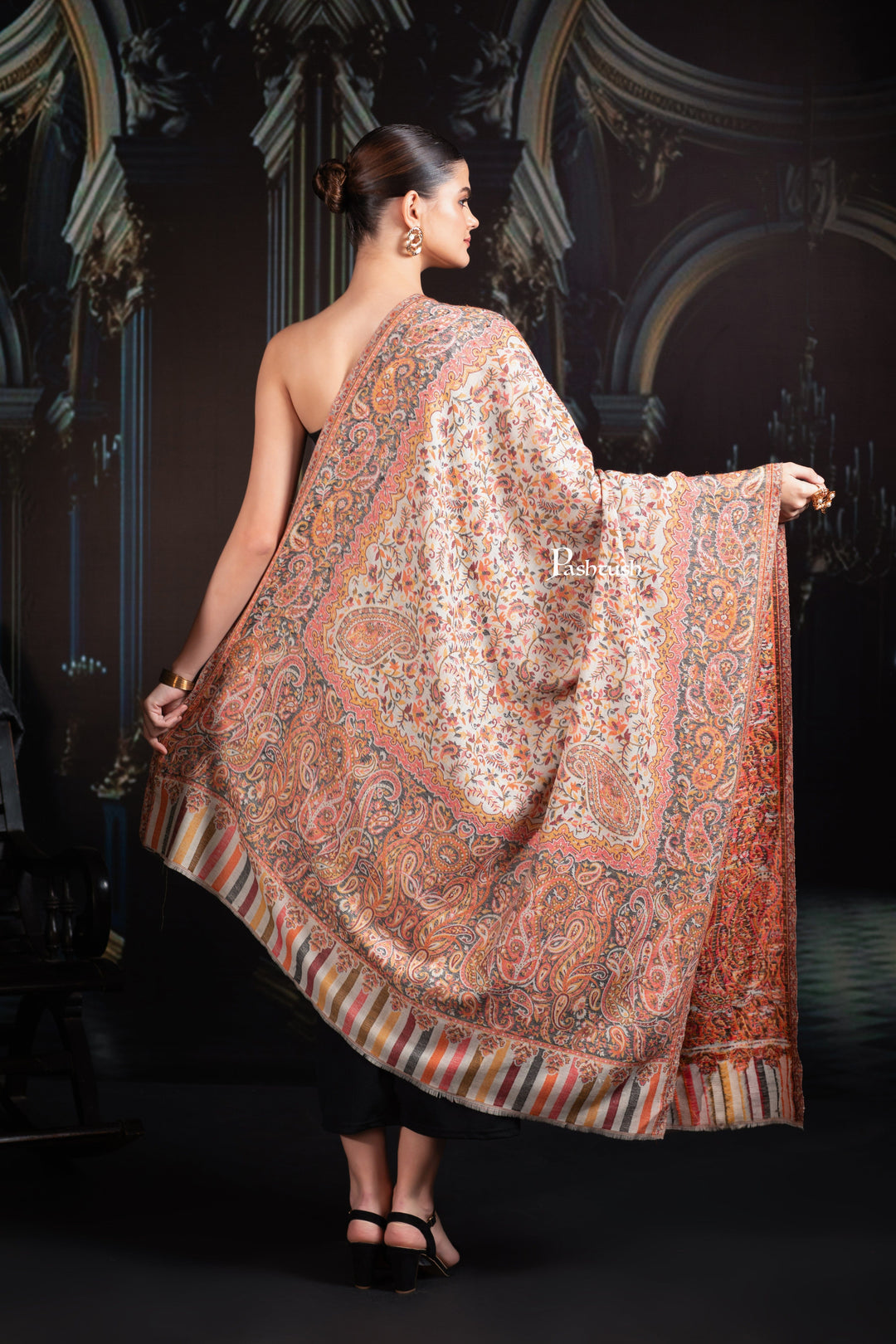 Pashtush India Womens Shawls Pashtush Womens Extra Fine Wool Shawl, Ethnic Weave Design, Sahara