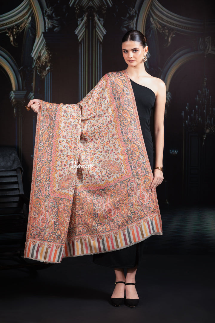 Pashtush India Womens Shawls Pashtush Womens Extra Fine Wool Shawl, Ethnic Weave Design, Sahara
