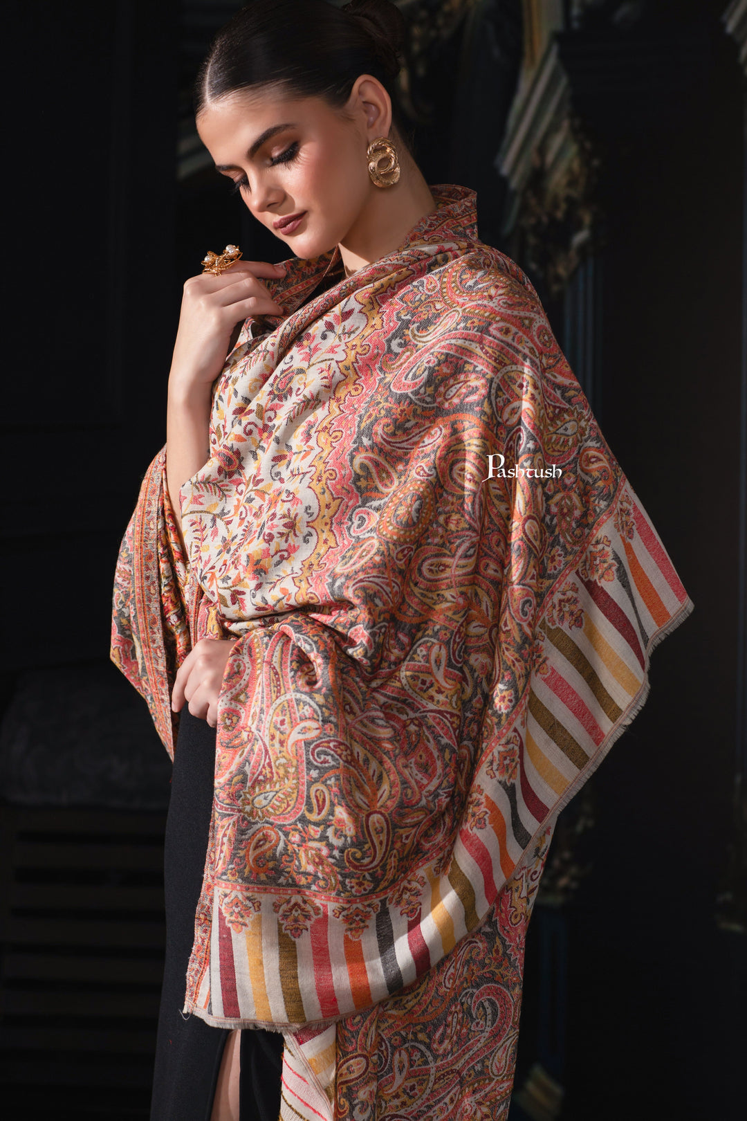 Pashtush India Womens Shawls Pashtush Womens Extra Fine Wool Shawl, Ethnic Weave Design, Sahara