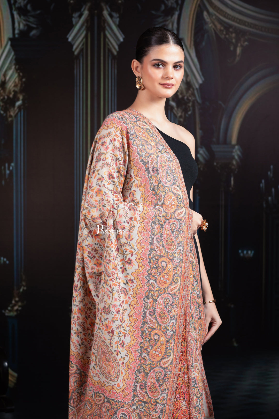 Pashtush India Womens Shawls Pashtush Womens Extra Fine Wool Shawl, Ethnic Weave Design, Sahara