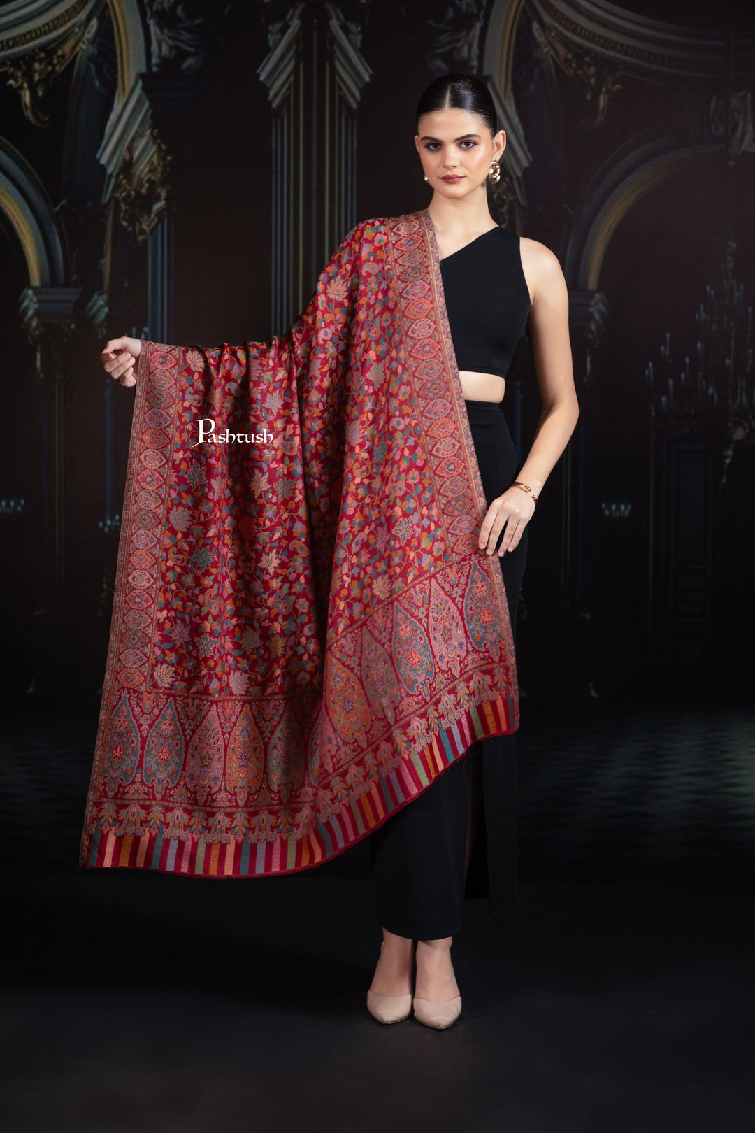 Pashtush India Womens Shawls Pashtush Womens Extra Fine Wool Shawl, Ethnic Weave Jaal Design, Crimson Maroon