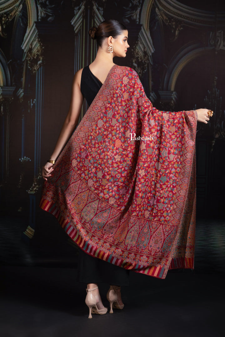 Pashtush India Womens Shawls Pashtush Womens Extra Fine Wool Shawl, Ethnic Weave Jaal Design, Crimson Maroon