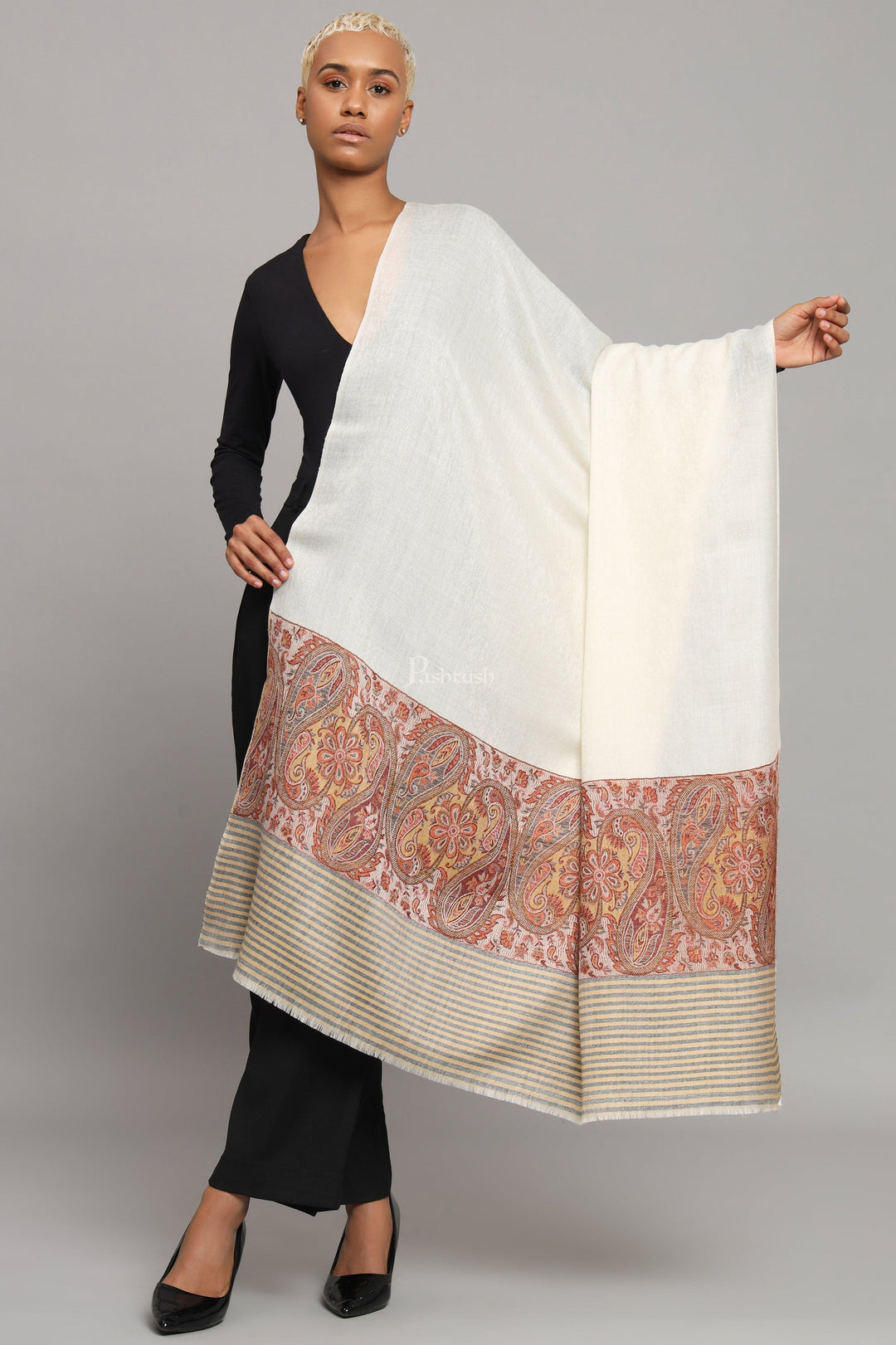 Pashtush India Womens Shawls Pashtush Womens Extra Fine Wool Shawl, Ethnic Woven Palla Design, Ivory