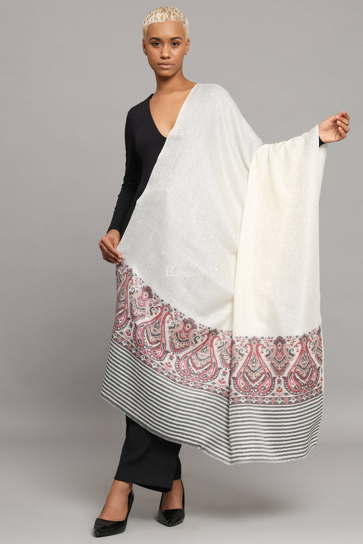 Pashtush India Womens Shawls Pashtush Womens Extra Fine Wool Shawl, Ethnic Woven Palla Design, Ivory