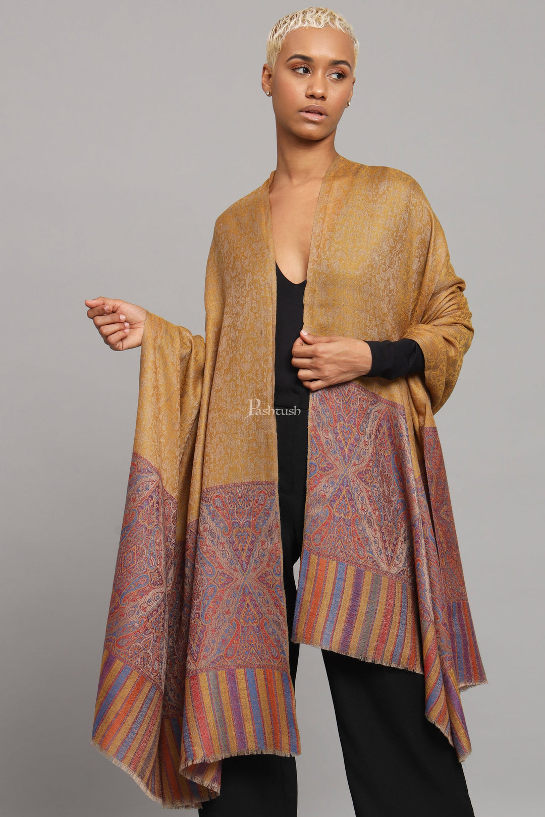 Pashtush India Womens Shawls Pashtush Womens Extra Fine Wool Shawl, Ethnic Woven Palla Design, Mustard