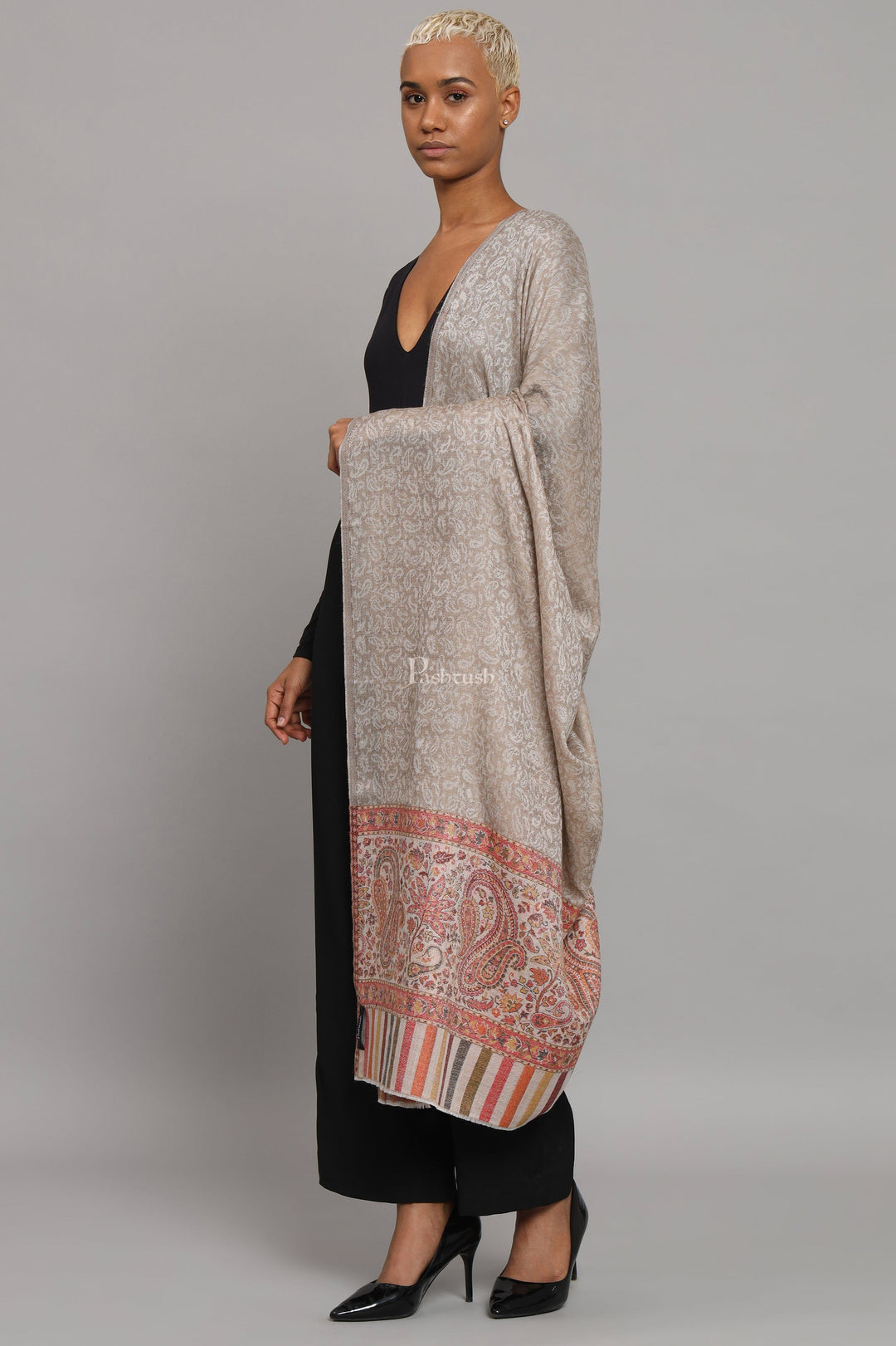 Pashtush India Womens Shawls Pashtush Womens Extra Fine Wool Shawl, Ethnic Woven Palla Design, Taupe