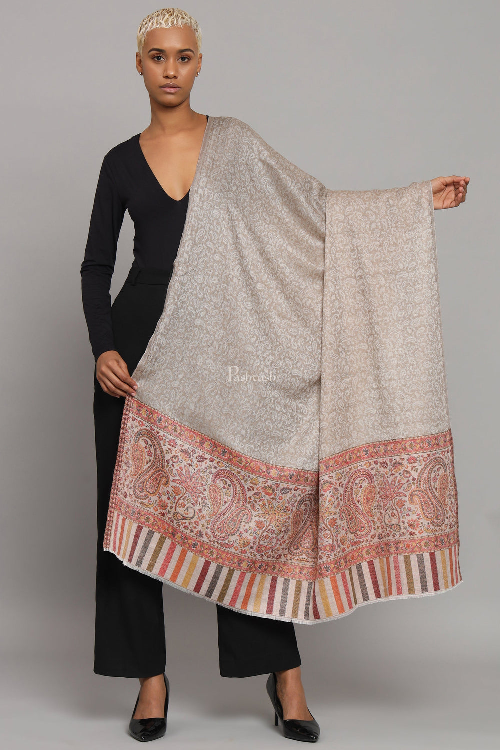Pashtush India Womens Shawls Pashtush Womens Extra Fine Wool Shawl, Ethnic Woven Palla Design, Taupe