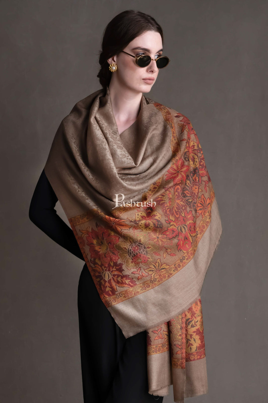 Pashtush India Womens Stoles and Scarves Scarf Pashtush Womens Extra Fine Wool Shawl, Floral Weave Palla Design, Taupe