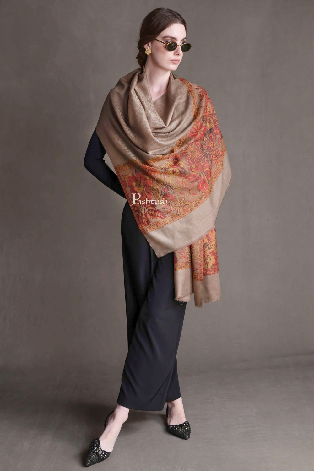 Pashtush India Womens Stoles and Scarves Scarf Pashtush Womens Extra Fine Wool Shawl, Floral Weave Palla Design, Taupe