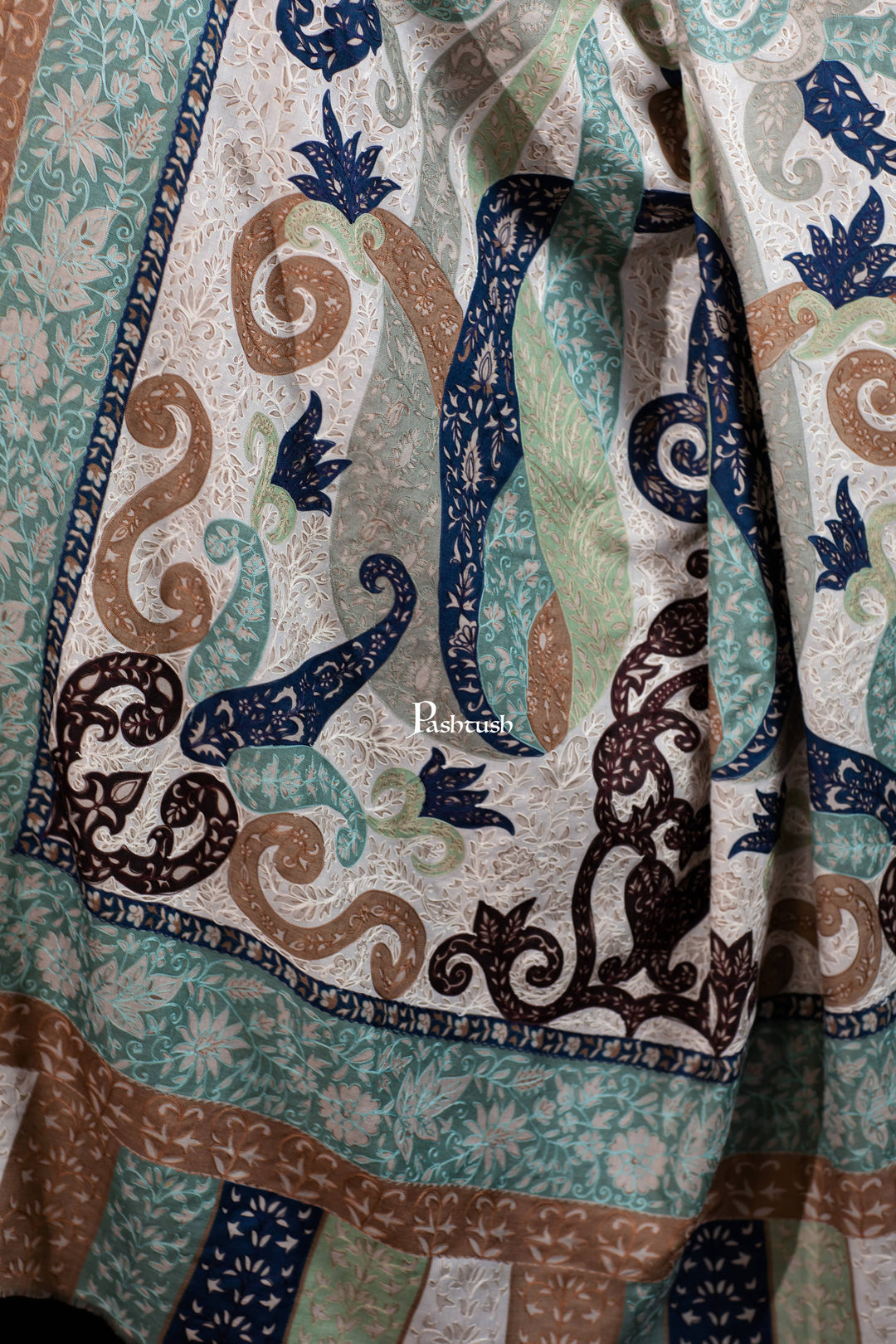 Pashtush India Womens Shawls Pashtush Womens Extra Fine Wool Shawl, Hand Embroidered Kalamkari Design, Azure