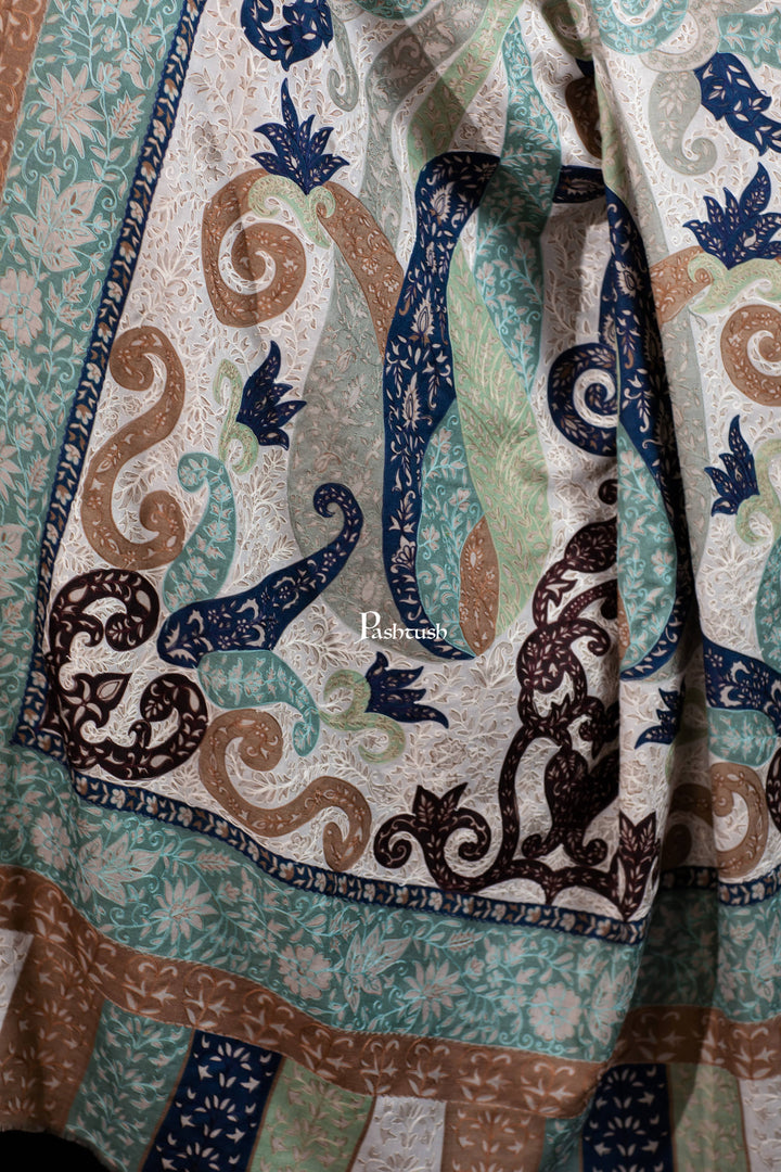 Pashtush India Womens Shawls Pashtush Womens Extra Fine Wool Shawl, Hand Embroidered Kalamkari Design, Azure