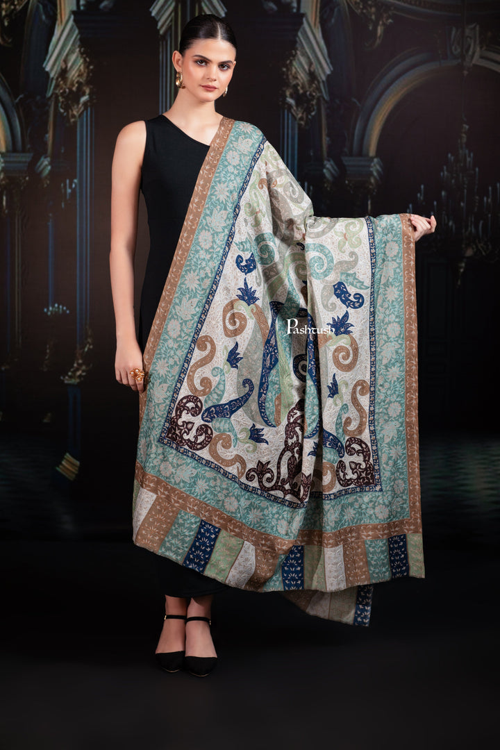 Pashtush India Womens Shawls Pashtush Womens Extra Fine Wool Shawl, Hand Embroidered Kalamkari Design, Azure