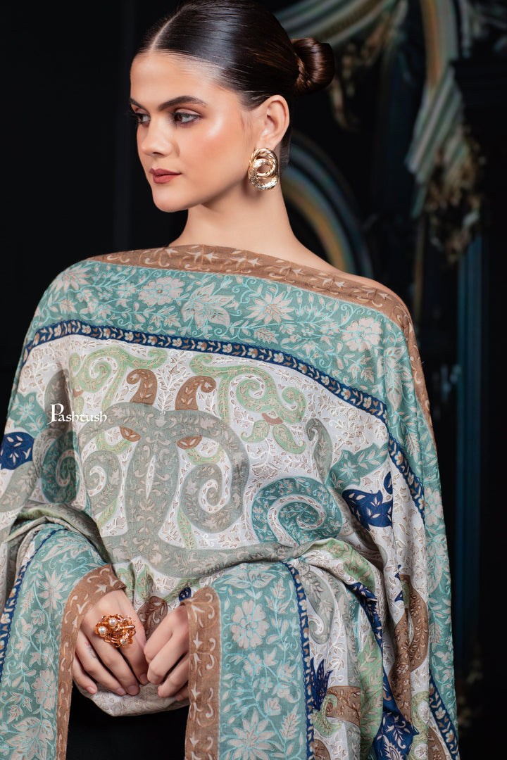 Pashtush India Womens Shawls Pashtush Womens Extra Fine Wool Shawl, Hand Embroidered Kalamkari Design, Azure