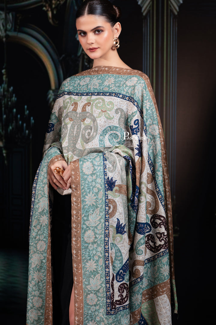 Pashtush India Womens Shawls Pashtush Womens Extra Fine Wool Shawl, Hand Embroidered Kalamkari Design, Azure