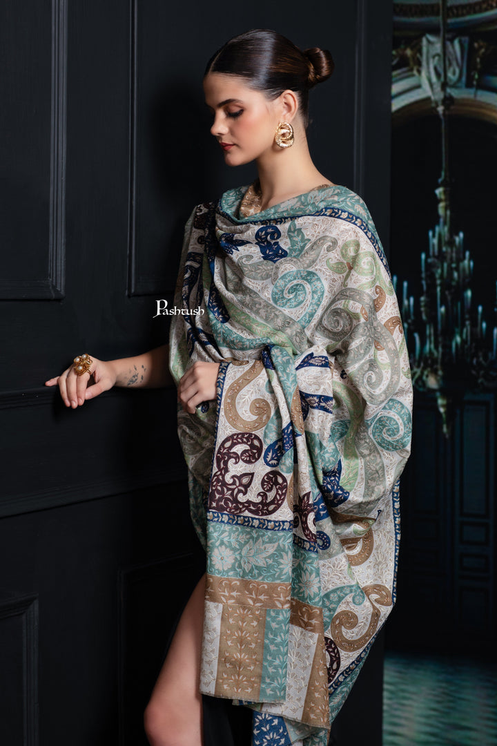Pashtush India Womens Shawls Pashtush Womens Extra Fine Wool Shawl, Hand Embroidered Kalamkari Design, Azure