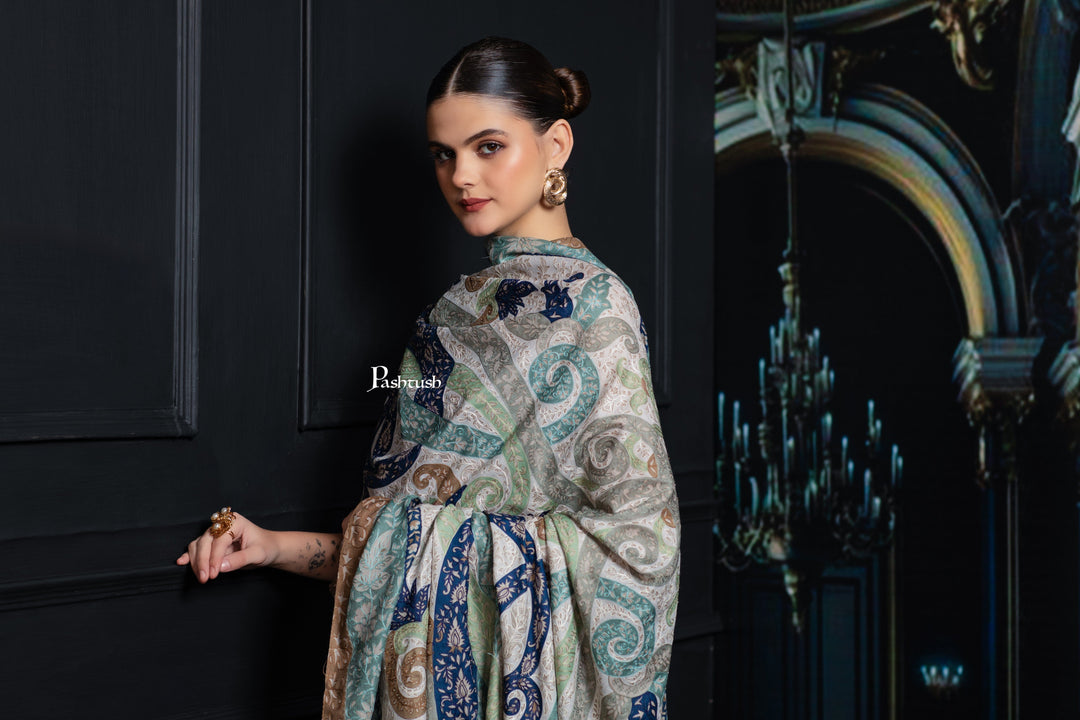 Pashtush India Womens Shawls Pashtush Womens Extra Fine Wool Shawl, Hand Embroidered Kalamkari Design, Azure