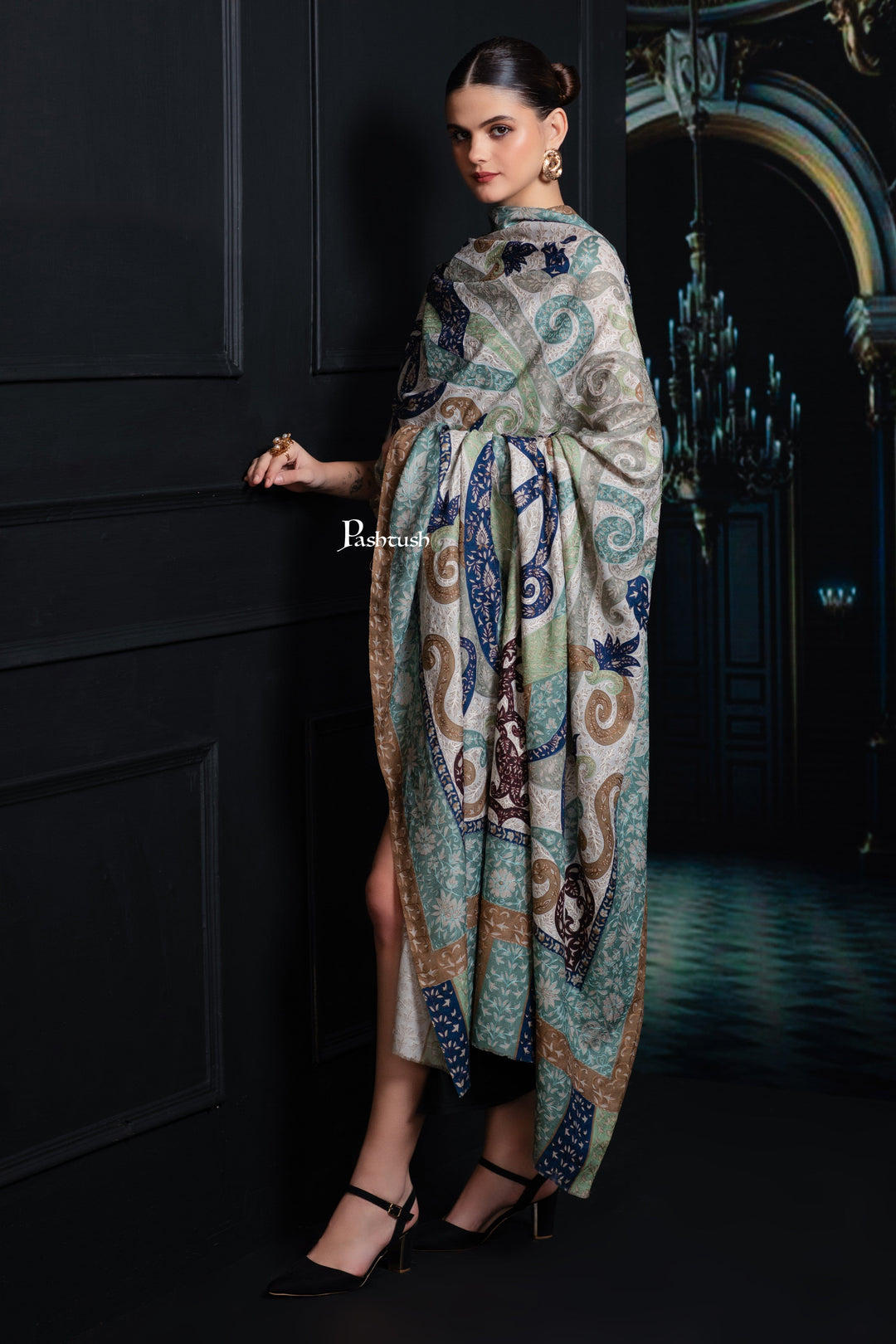 Pashtush India Womens Shawls Pashtush Womens Extra Fine Wool Shawl, Hand Embroidered Kalamkari Design, Azure