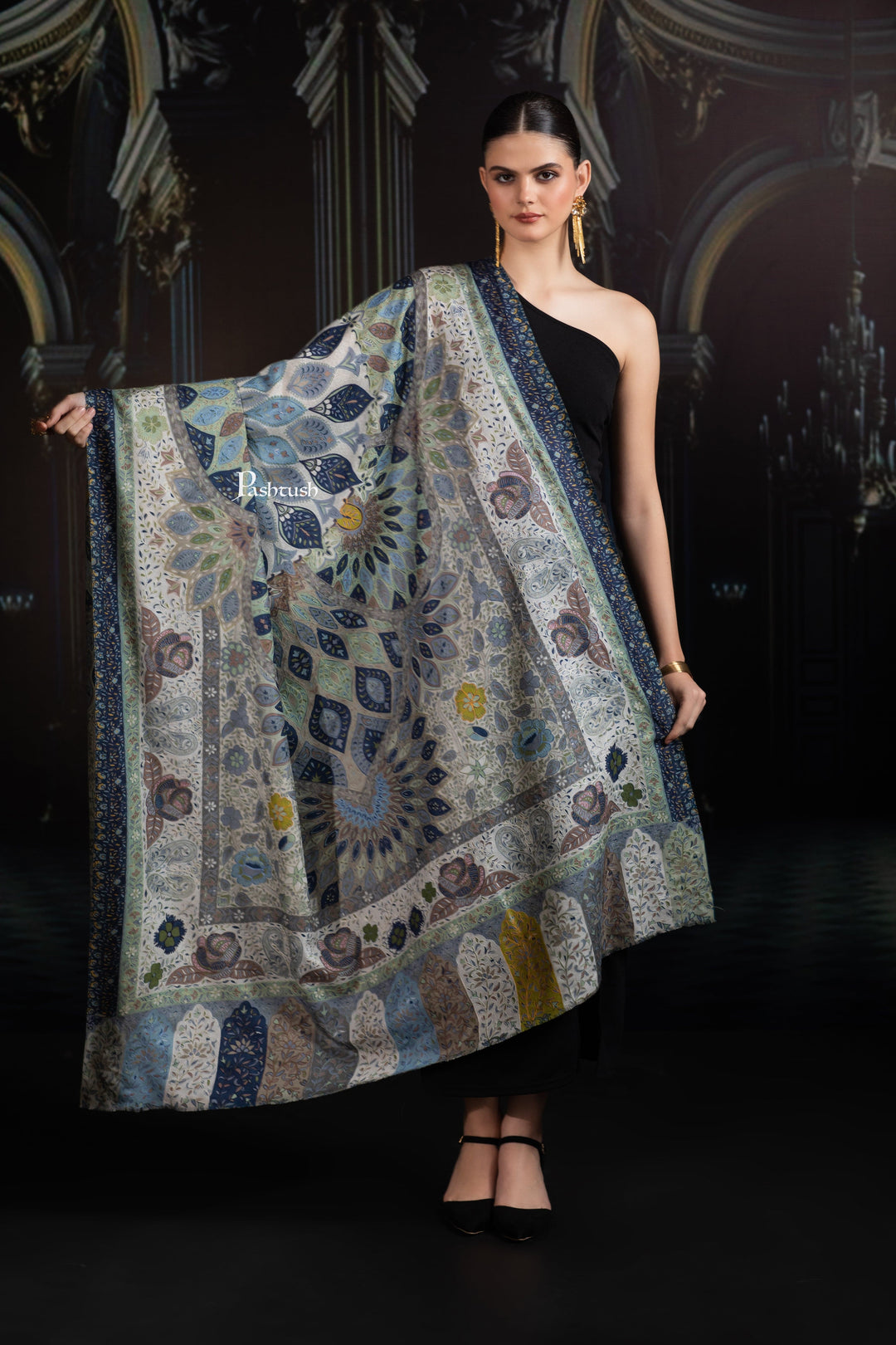 Pashtush India Womens Shawls Pashtush Womens Extra Fine Wool Shawl, Hand Embroidered Kalamkari Design, Azure Blue