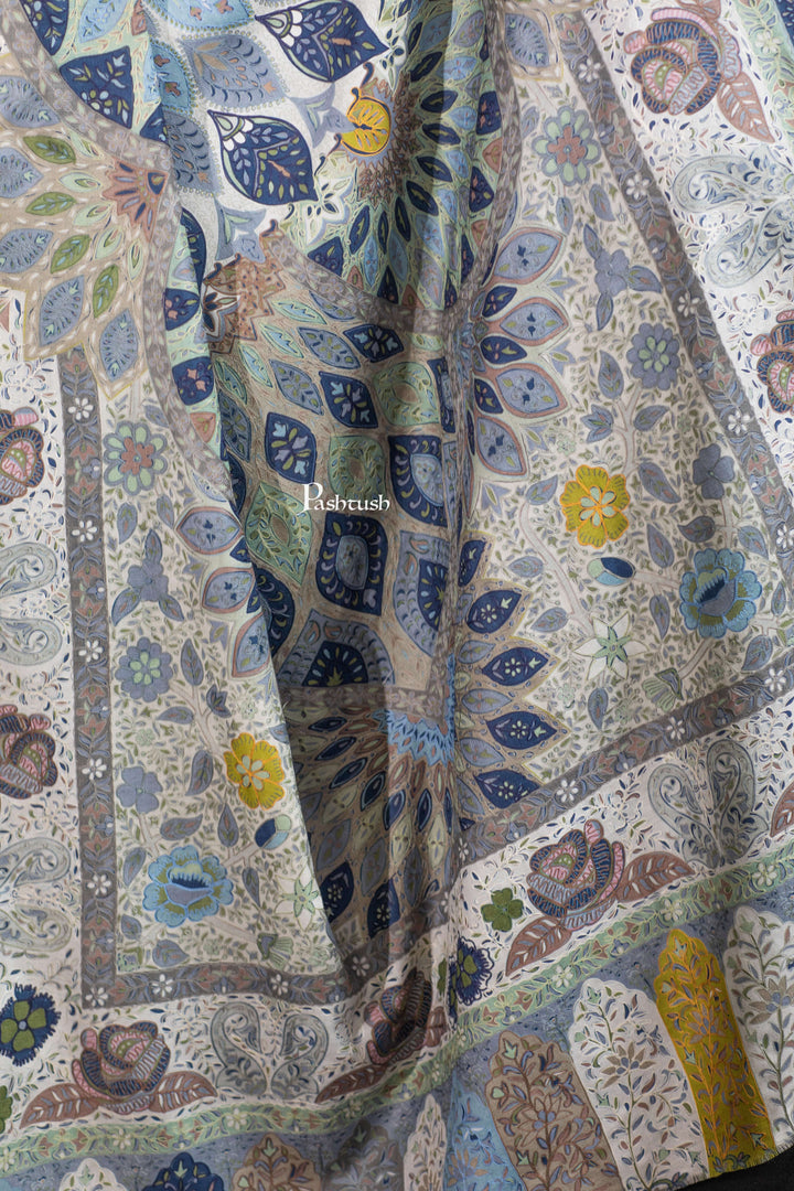 Pashtush India Womens Shawls Pashtush Womens Extra Fine Wool Shawl, Hand Embroidered Kalamkari Design, Azure Blue