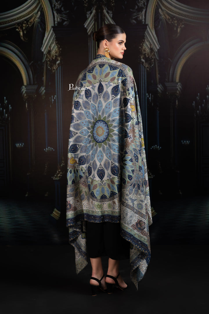 Pashtush India Womens Shawls Pashtush Womens Extra Fine Wool Shawl, Hand Embroidered Kalamkari Design, Azure Blue