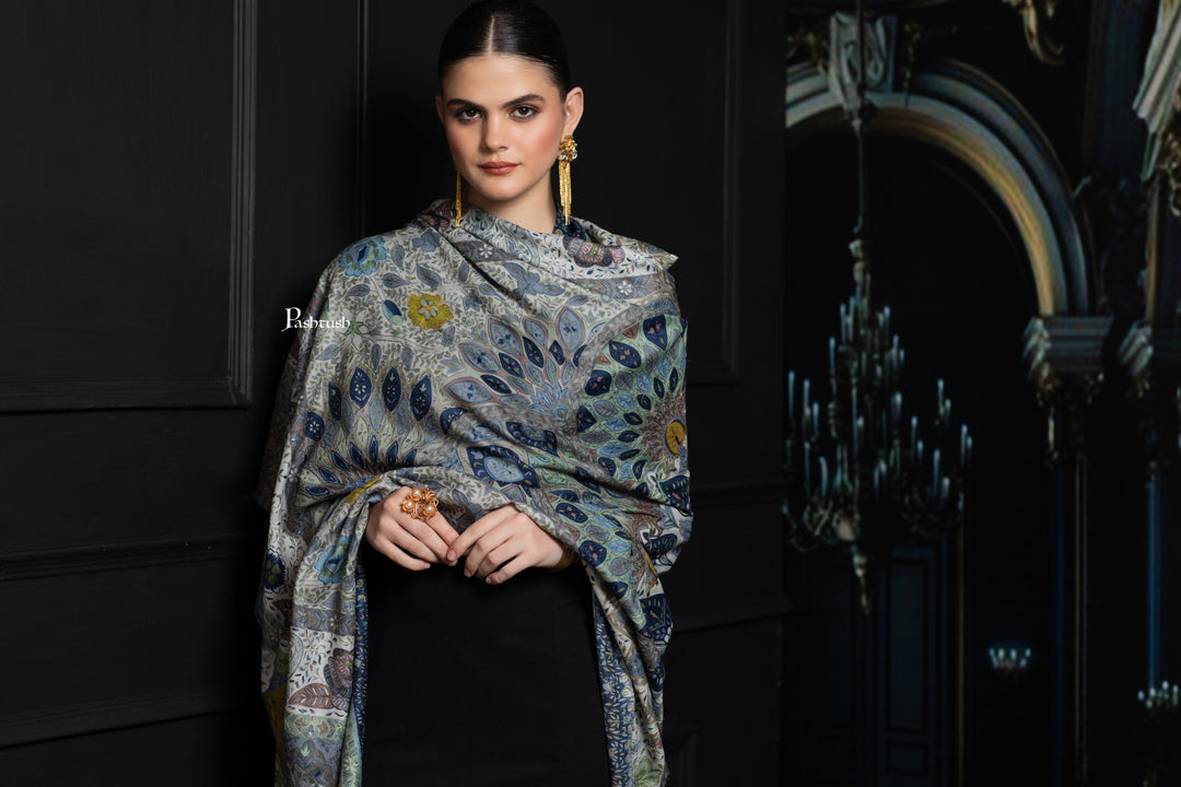 Pashtush India Womens Shawls Pashtush Womens Extra Fine Wool Shawl, Hand Embroidered Kalamkari Design, Azure Blue
