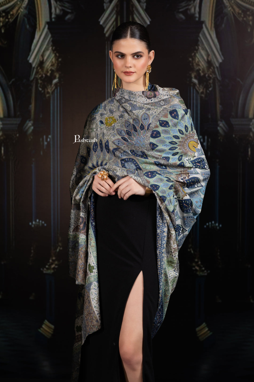 Pashtush India Womens Shawls Pashtush Womens Extra Fine Wool Shawl, Hand Embroidered Kalamkari Design, Azure Blue