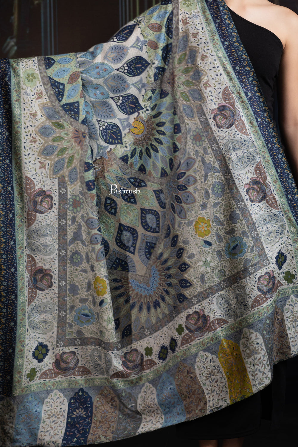 Pashtush India Womens Shawls Pashtush Womens Extra Fine Wool Shawl, Hand Embroidered Kalamkari Design, Azure Blue