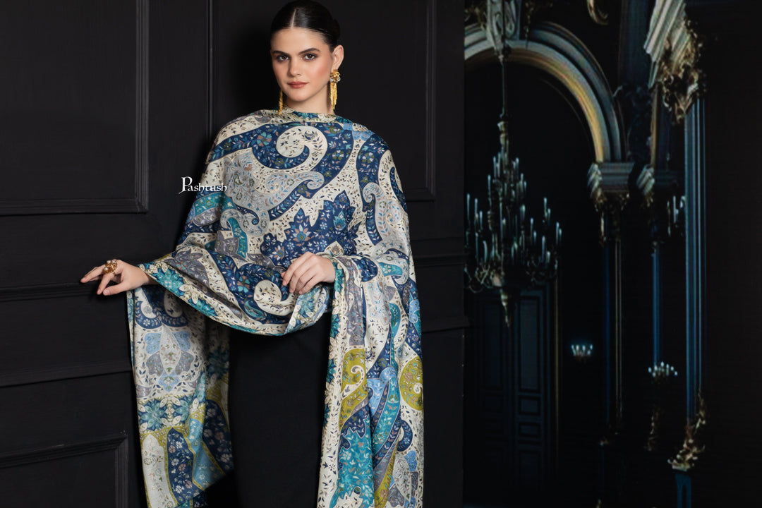 Pashtush India Womens Shawls Pashtush Womens Extra Fine Wool Shawl, Hand Embroidered Kalamkari Design, Azure Blue