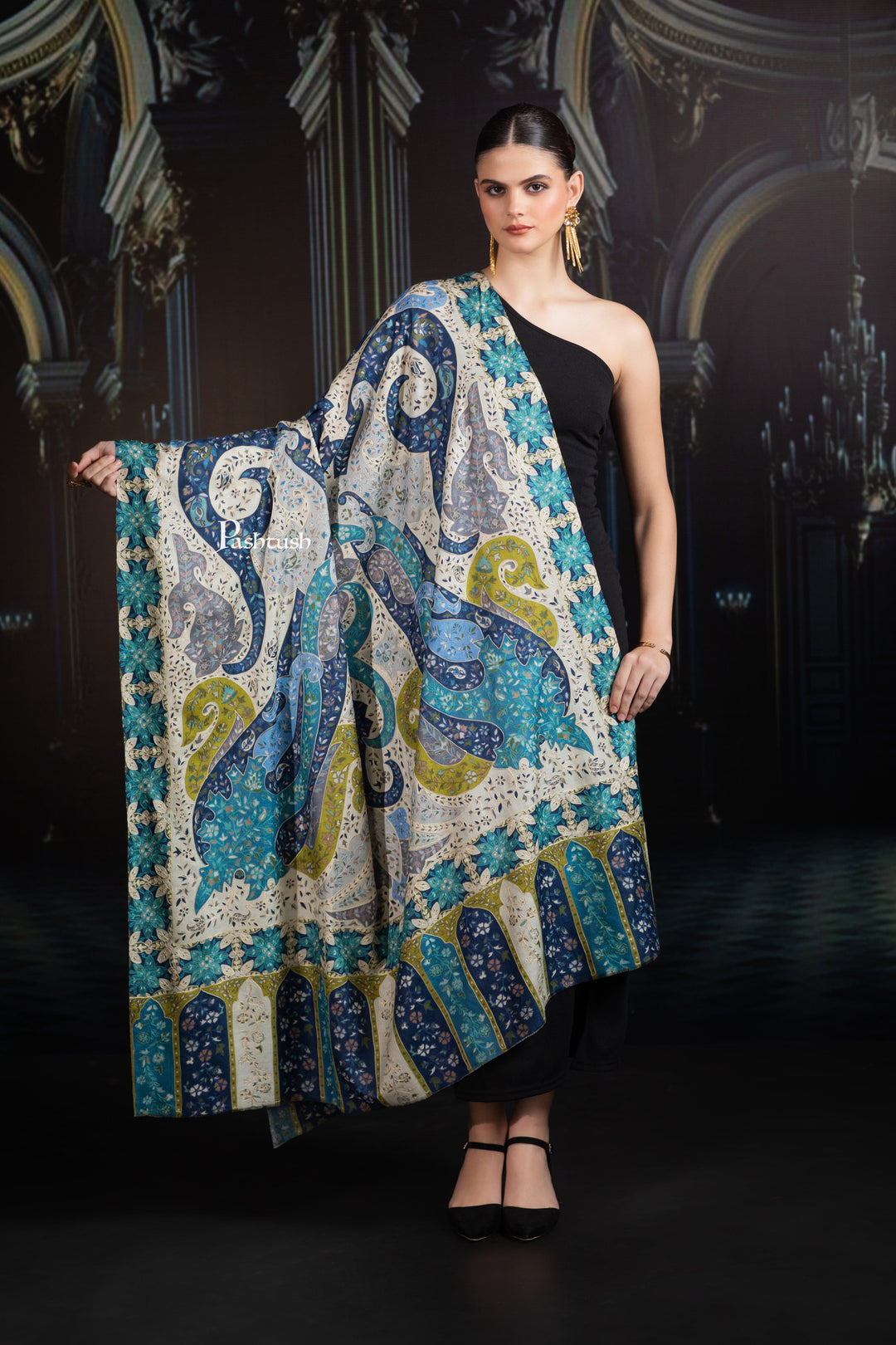 Pashtush India Womens Shawls Pashtush Womens Extra Fine Wool Shawl, Hand Embroidered Kalamkari Design, Azure Blue