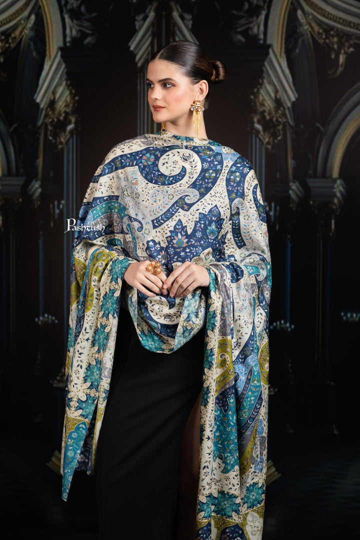Pashtush India Womens Shawls Pashtush Womens Extra Fine Wool Shawl, Hand Embroidered Kalamkari Design, Azure Blue