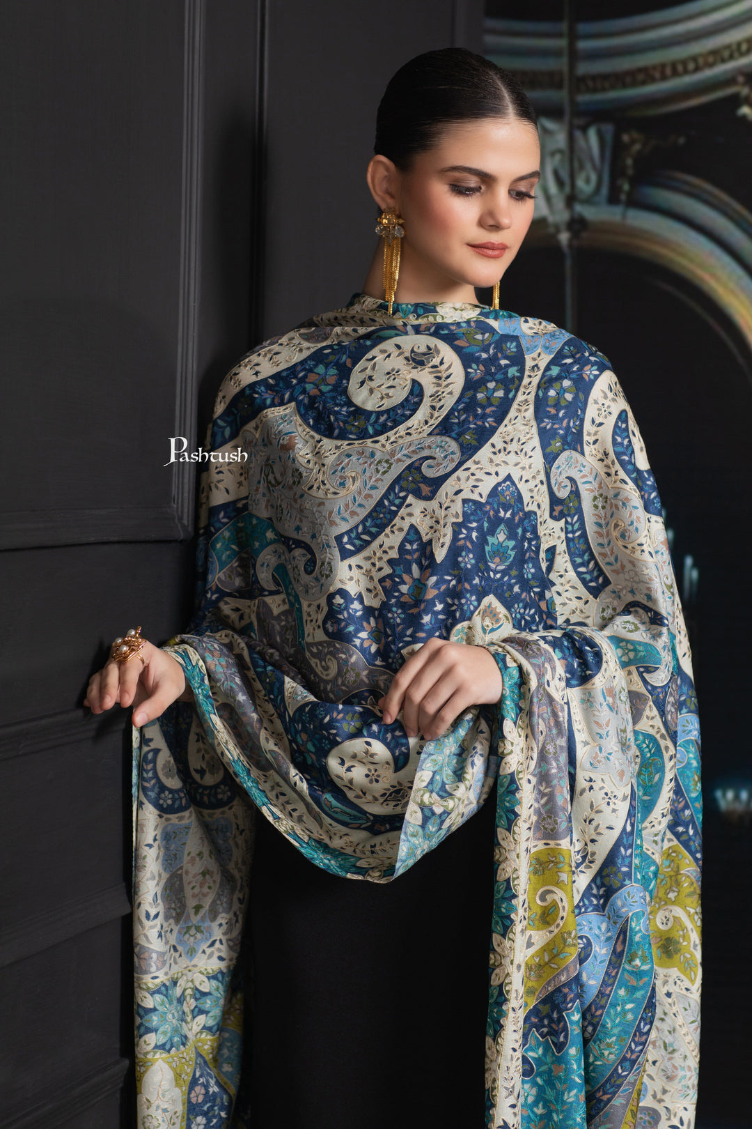 Pashtush India Womens Shawls Pashtush Womens Extra Fine Wool Shawl, Hand Embroidered Kalamkari Design, Azure Blue