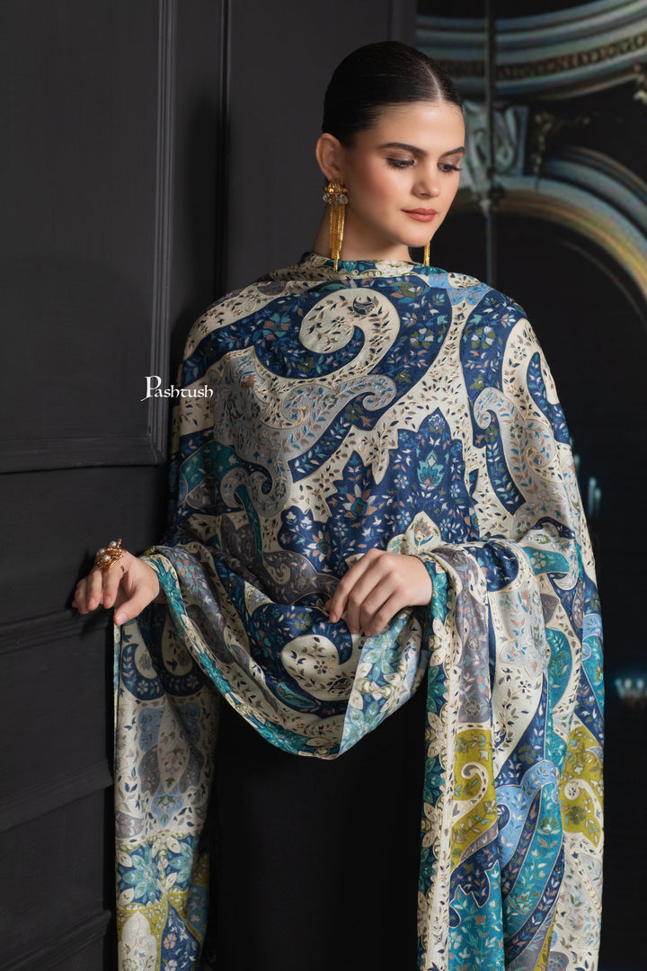Pashtush India Womens Shawls Pashtush Womens Extra Fine Wool Shawl, Hand Embroidered Kalamkari Design, Azure Blue