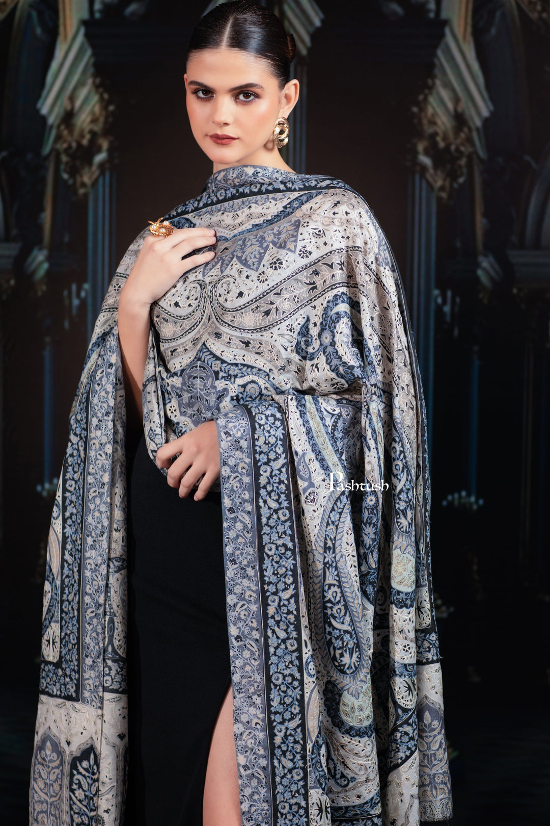 Pashtush India Womens Shawls Pashtush Womens Extra Fine Wool Shawl, Hand Embroidered Kalamkari Design, Azure Blue And Ivory